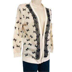 Spoiled Feminine Cream Black Lace Trim Zip Cardigan Painted Polka Dots and Bows